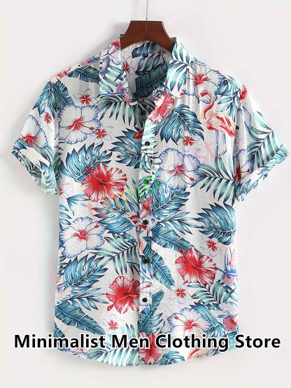 2023 Leaf and Flamingo Print Shirt For Men Hawaiian Shirt Casual Beach Short Sleeve Fashion Tops Male Blouse Summer Clothing
