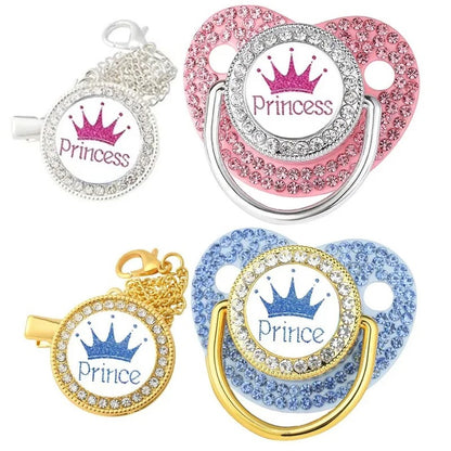 Luxury Rhinestones Baby Pacifier Chain Clips with Lid Princess Prince Crown Pacifiers Newborn Silicone Nipple Infant Shower Gift