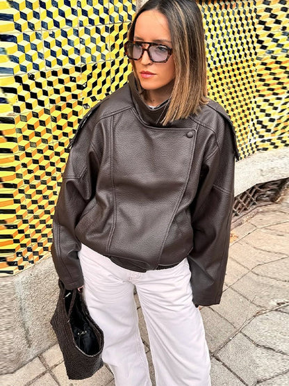 Faux Leather Stand Collar Bomber Jacket Women Locomotive Epaulet Slant Opening Ruched Coats Fashion Autumn Winter Lady Outerwear