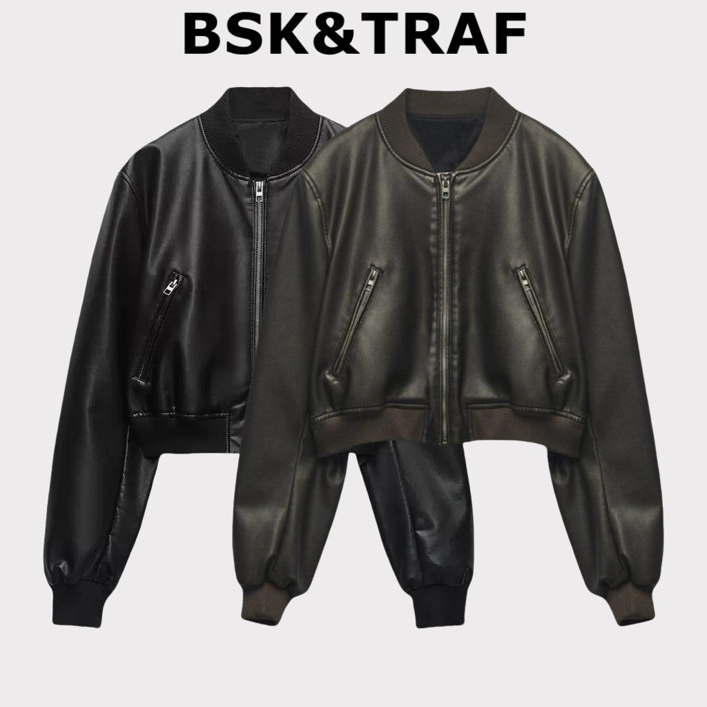 BSK&TRAF Hot Girl Stand Collar Distressed Faux Leather Bomber Jacket 2025 Women's Fashion Commuter Leather Jacket