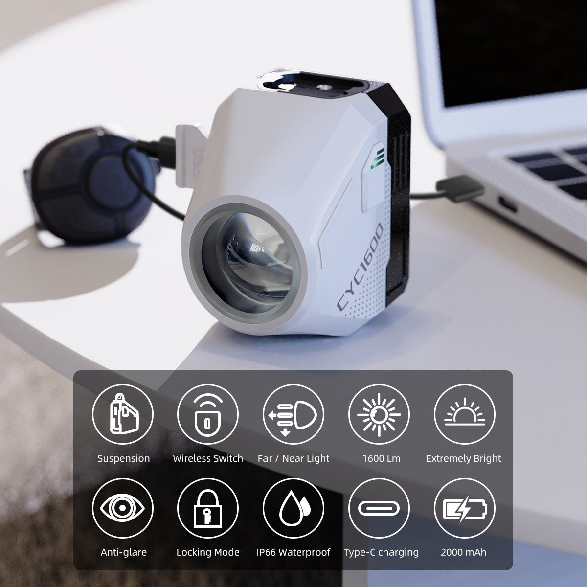 CYCLAMI Hanging Bike Headlight GoPro Ultra Bright Wireless Remote Front Lamp MTB Road High Brightness White CYC 1600 Lumen Light