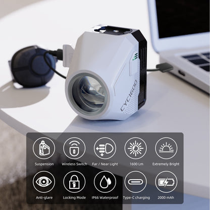 CYCLAMI Hanging Bike Headlight GoPro Ultra Bright Wireless Remote Front Lamp MTB Road High Brightness White CYC 1600 Lumen Light