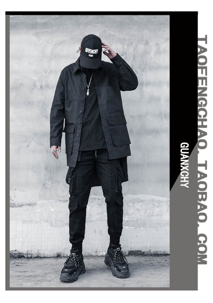 2023 Back Print Punk Hip Hop Techwear Long Sleeve Shirts For Men Harajuku Street Casual Cargo Shirt Long Jacket