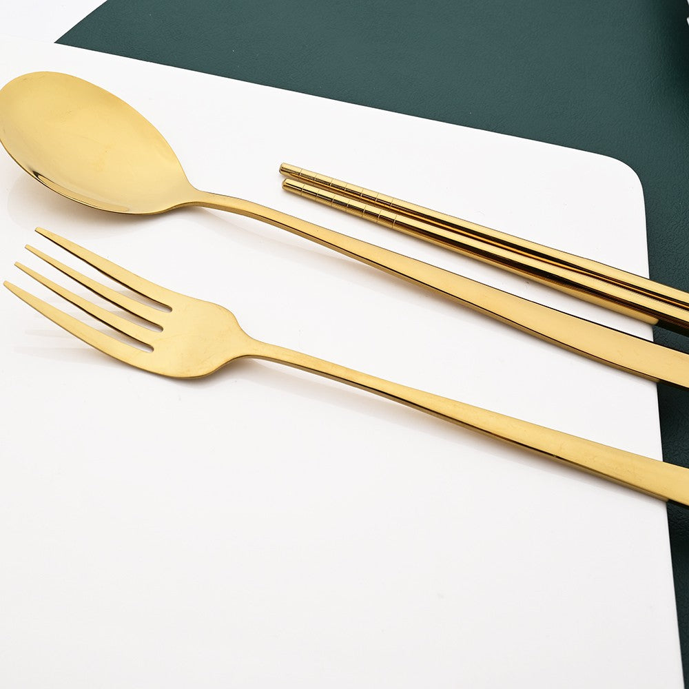 Drmfiy Western 6Set Black Dinnerware 304 Stainless Steel Tableware Long Handle Spoons Chopsticks Metal Korean Silverware Set