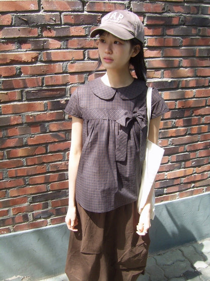 Vintage Plaid Shirts Women Japanese Harajuku Bow Peter Pan Collar Blouses Summer Korean Aesthetic Short Sleeve Casual Tops New