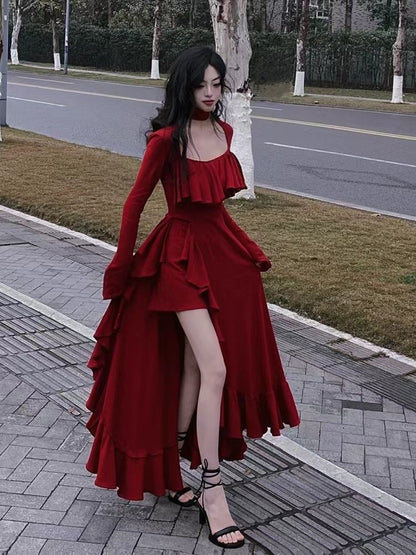 2025 Spring Women Elegant Long Slevee Midi Dress Female Red Square Collar Ruffle Party Dress Christmas Irregular Prom Dress
