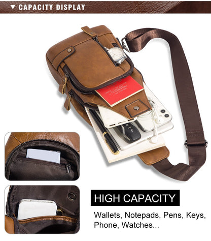 HUMERPAUL Men's Usb Chest Bag 100% Genuine Leather Crossbody Shoulder Bags Multifunction Travel Outdoor Messenger Pack Fashion