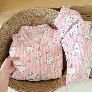 Sweet Cute Goose Print Korean Fashion Women's Pajamas Nightwear Kawaii Casual Lapel Neck Y2K Pajamas Set Autumn New Loungewear