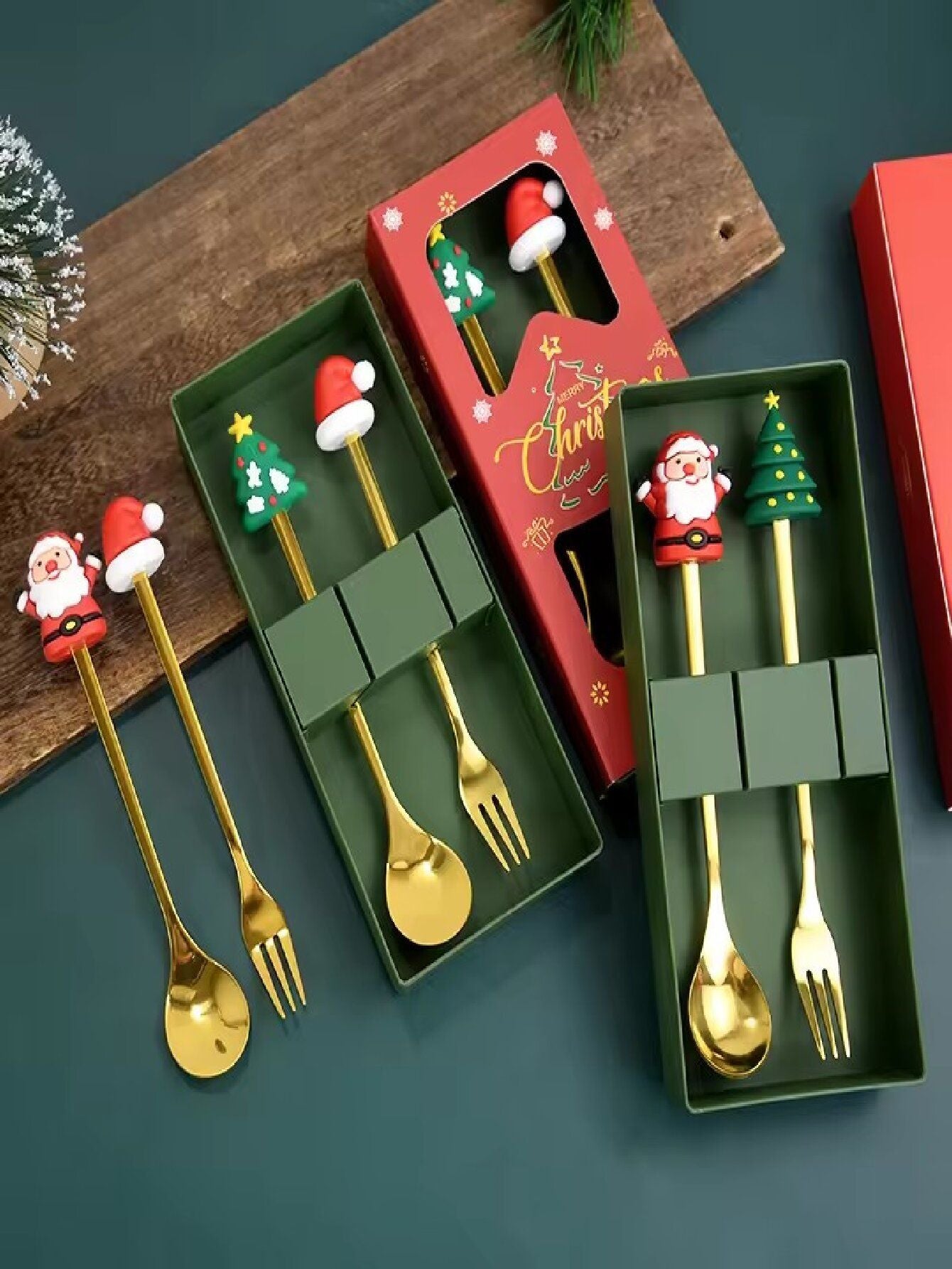 Christmas Spoon And Fork Sets Stainless Steel Tableware Coffee Tea Dessert Spoon And Fork Xmas Gifts For Guest New Year Gifts