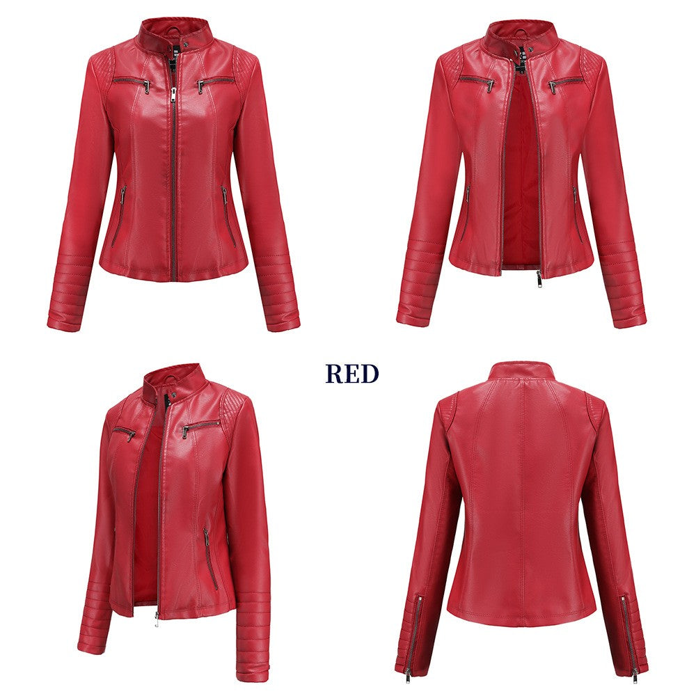 Women's Slim Leather Jacket, Stand-up Collar, Zipper Stitching, Monochromatic Coat, Fashion Clothing, New
