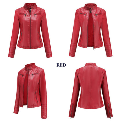 Women's Slim Leather Jacket, Stand-up Collar, Zipper Stitching, Monochromatic Coat, Fashion Clothing, New