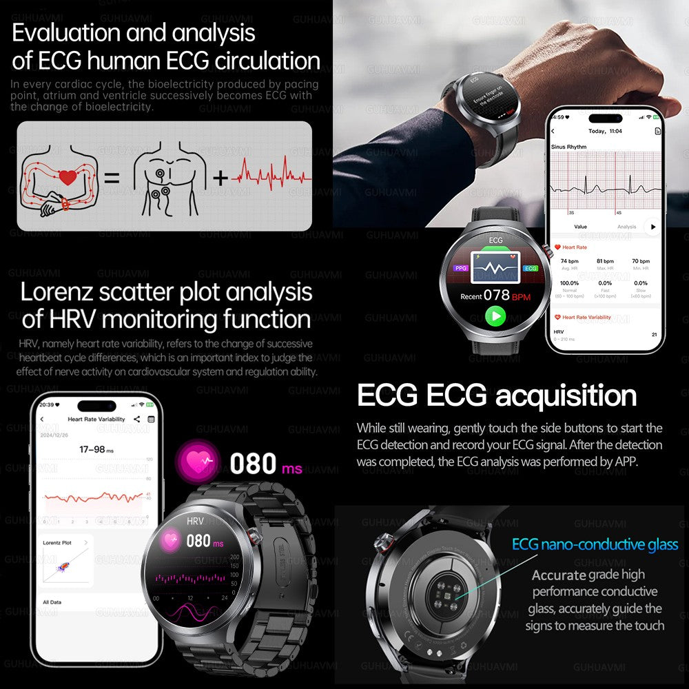 Relógio Inteligente Smartwatch Masculino 2026 Health Tracker com Safira e Medição de Ácido Úrico, Gordura Sanguínea, Pressão Arterial e ECG+PPG com Análise Corporal