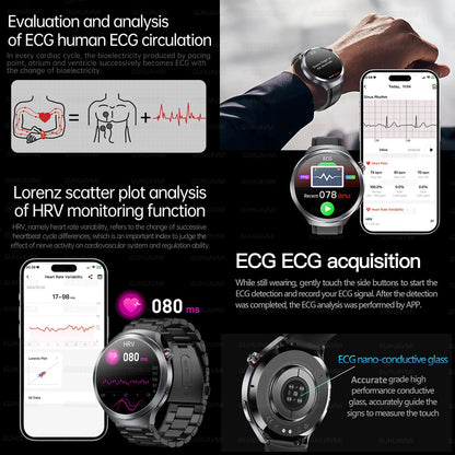 Relógio Inteligente Smartwatch Masculino 2026 Health Tracker com Safira e Medição de Ácido Úrico, Gordura Sanguínea, Pressão Arterial e ECG+PPG com Análise Corporal