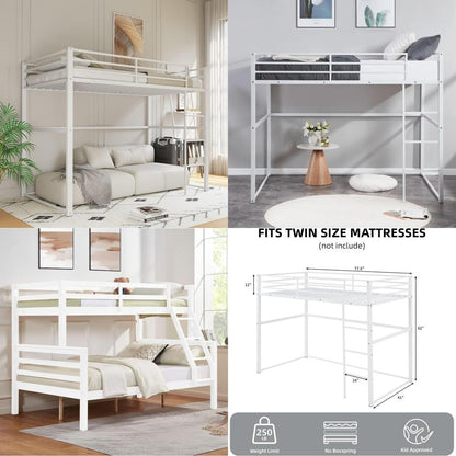 Cama Loft de Metal de Solteiro com Grades de Segurança e Escada Plana, Adequada para Crianças, Adolescentes e Adultos, Branca