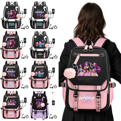 Mochila KPop Anime para Caçadores de Demônios Adolescentes Mochila Escolar Kawaii com Carregamento USB Grande Capacidade Viagem Slayer