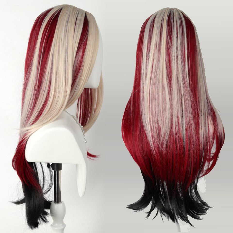 Peruca Sintética Longa Lisa em Camadas Destacada em Gradiente Vermelho Preto Branco Dourado Adequada para Cosplay Cabelo Resistente ao Calor
