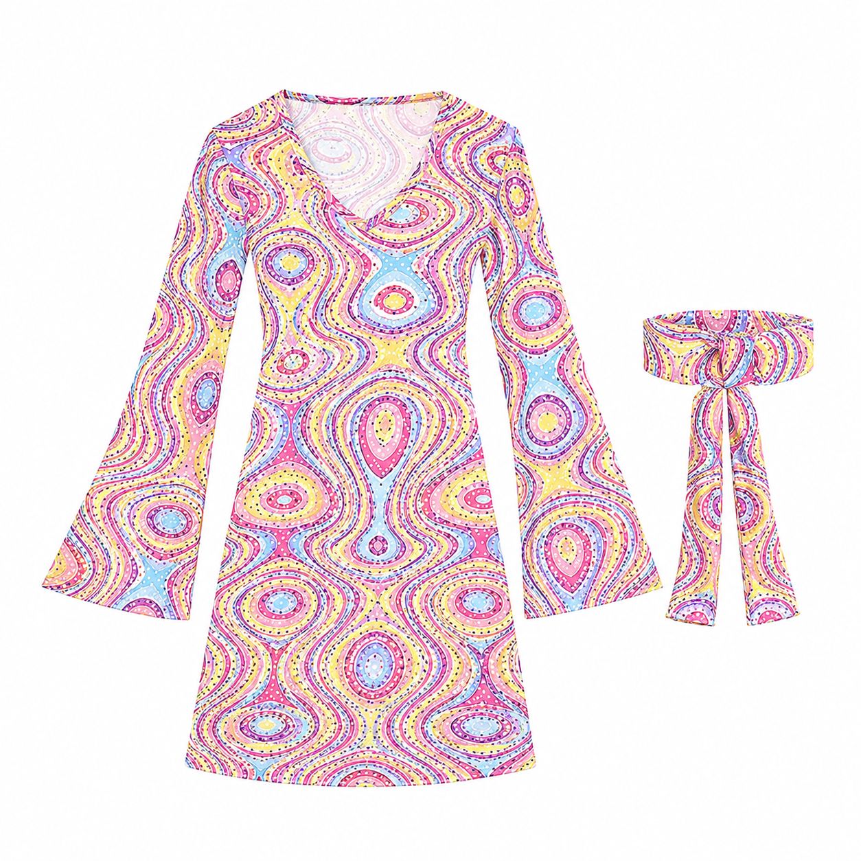 60s 70s Hippie Retro Flower Print Dress for Women Disco Party Festival Bell Sleeve Mini Dress Costume Halloween Carnival Outfit