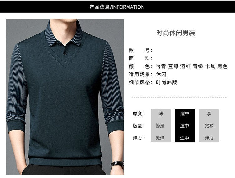 Fashion Fake Two-piece Men Long Sleeve Shirt Stripe Splice Lapel Loose Casual Pullover Tops 2025 Male Formal Business Polo Shirt