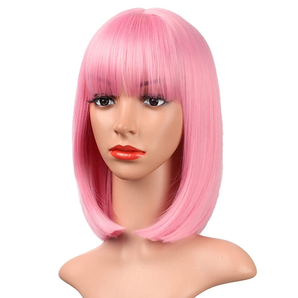 Peruca sintética rosa de 30 cm, curta e reta, para cosplay, penteado pompadour, peruca de cabelo de alta temperatura para uso diário
