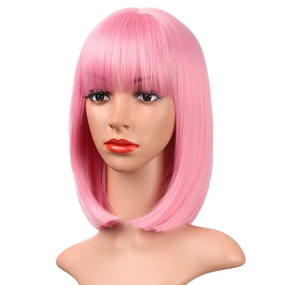 Peruca sintética rosa de 30 cm, curta e reta, para cosplay, penteado pompadour, peruca de cabelo de alta temperatura para uso diário