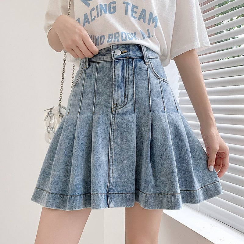 New Summer 2024 Plus Size Denim Skirt Women High Waist Pleated Large Size A Line Mini Jean Skirt Women Streetwear Saia Hot Sale