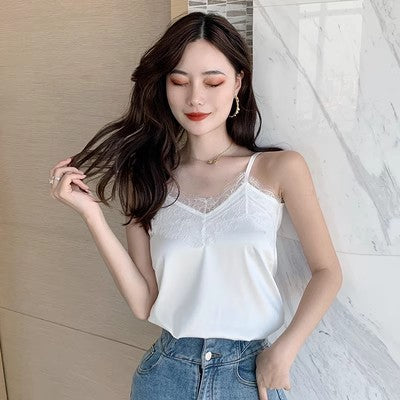 2024 Summer Tank Tops Lace Silk Blouse Women Tops Korean Fashion New Ladies Tops White Camis Basic Blouses for Women Corset Top