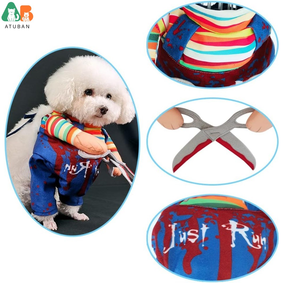 Traje de Cachorro de Boneca Estilo Tesoura de Halloween para Gatos, Filhotes e Cães de Porte Médio, Roupa Ajustável Engraçada Especial para Cosplay de Animais de Estimação