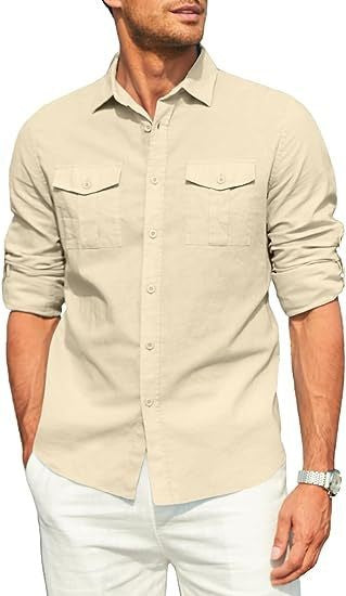 Business Men's Single-breasted Shirt Double Pocket Cotton Linen Long-sleeved Shirt Casual Vacation Shirt