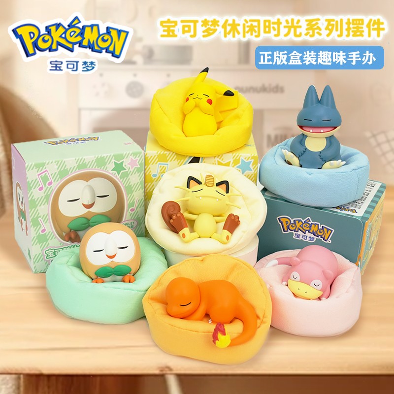 POKEMON Original Posição de Dormir Pikachu Charmander Slowpoke Meowth Rowlet Figuras Boneco de Ação Genuíno Brinquedo Presente