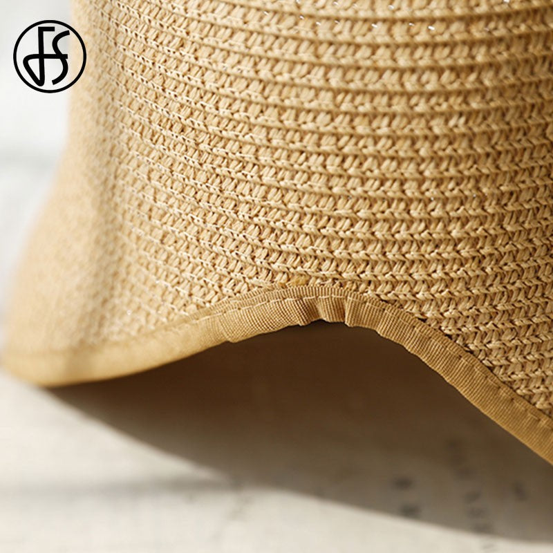 Chapéus de Sol de Festa Femininos FS Fashion Straw Regency Bonnets Hats para Mulheres Chapéu de Praia com Laço e Aba Grande Chapéu Cloche Fedora Chapeau Femme