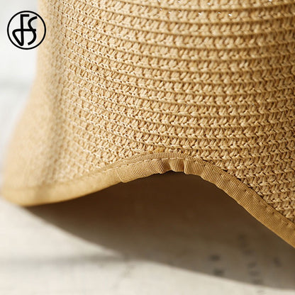 Chapéus de Sol de Festa Femininos FS Fashion Straw Regency Bonnets Hats para Mulheres Chapéu de Praia com Laço e Aba Grande Chapéu Cloche Fedora Chapeau Femme