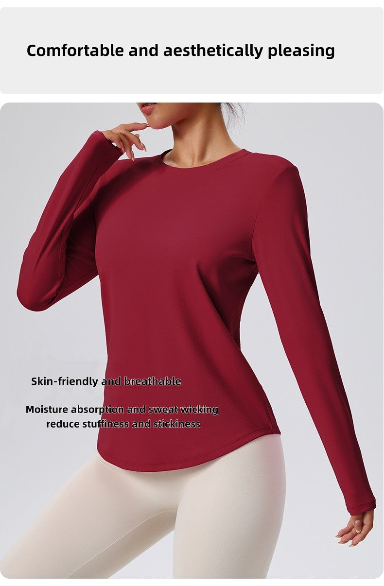 Naked Spring and Autumn Round Neck Fitness Yoga Clothing, Slimming and Slimming Base, Sports Top, Pilates Long Sleeve, Female