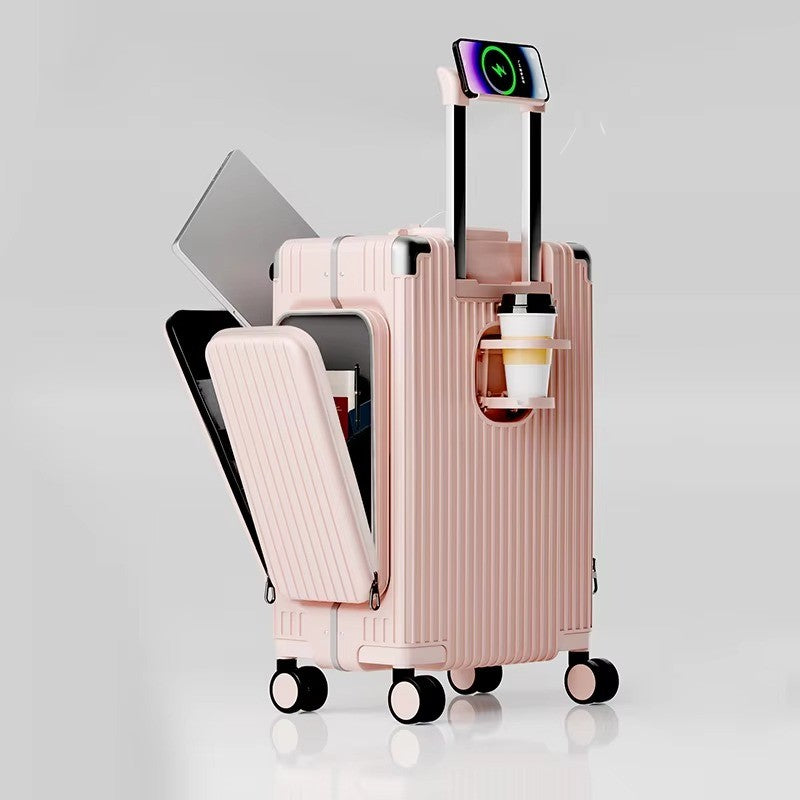 Tri-Zone Access Opening Suitcase Aluminum Frame PC Material Travel Case with Spinner Wheels Cup Holder TSA Lock Rolling Luggage