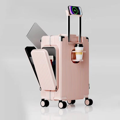 Tri-Zone Access Opening Suitcase Aluminum Frame PC Material Travel Case with Spinner Wheels Cup Holder TSA Lock Rolling Luggage