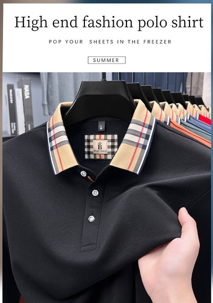 Luxury brand long sleeve polo shirt men comfortable casual autumn item silk cotton high-end Korean fashion plaid lapel T-shirt