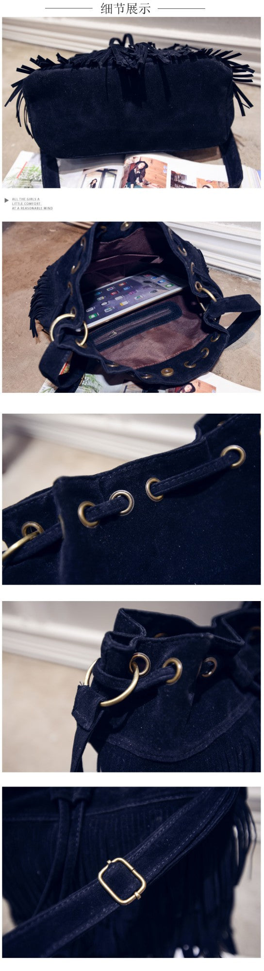 Fashion Retro Faux Suede Fringe Women Messenger Bags Tote New Handbag Tassel Shoulder Handbags Crossbody Bag Tassel Bucket