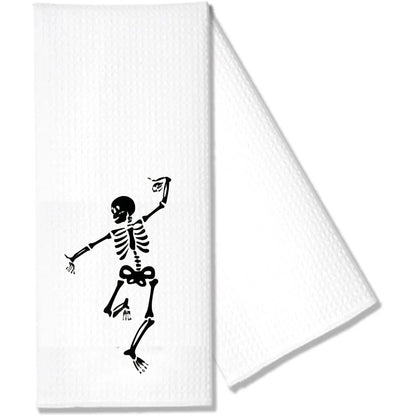 Skeleton Waffle Tea Towel Halloween Spooky Goth Season Kitchen Table Decoration Dancing Skeleton Towel Housewarming Hostess Gift