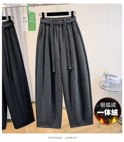 2025 Autumn Winter New All-match Fashionable Solid Color Elastic Waist Wide Leg Pants Women Clothes Casual Drawstring Trousers