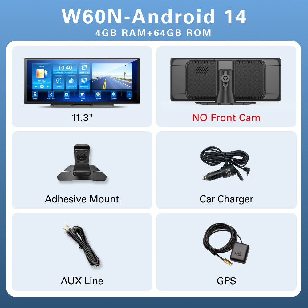 W60 11.3'' 8 Núcleos Android 14 6+128GB Player Multimídia Carplay&Android Auto WiFi 5G Google Play Youtube Netflix Atualização OTA