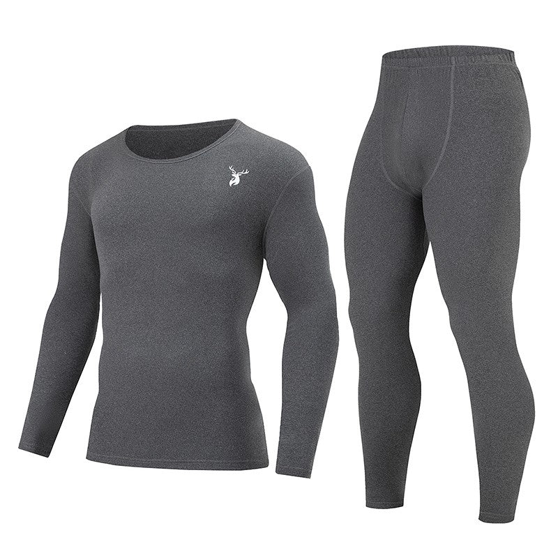 2-piece Autumn And Winter Men's Fashion Lucky Deer Pattern Solid Color Basic Warm Underwear Set Comfortable Long Sleeve Pants