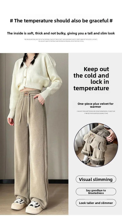 Thickened Fleece Lamb Velvet Large Size Corduroy Wide Leg Casual Straight Leg Pants Women Autumn Winter Special Thick Shiny Casu
