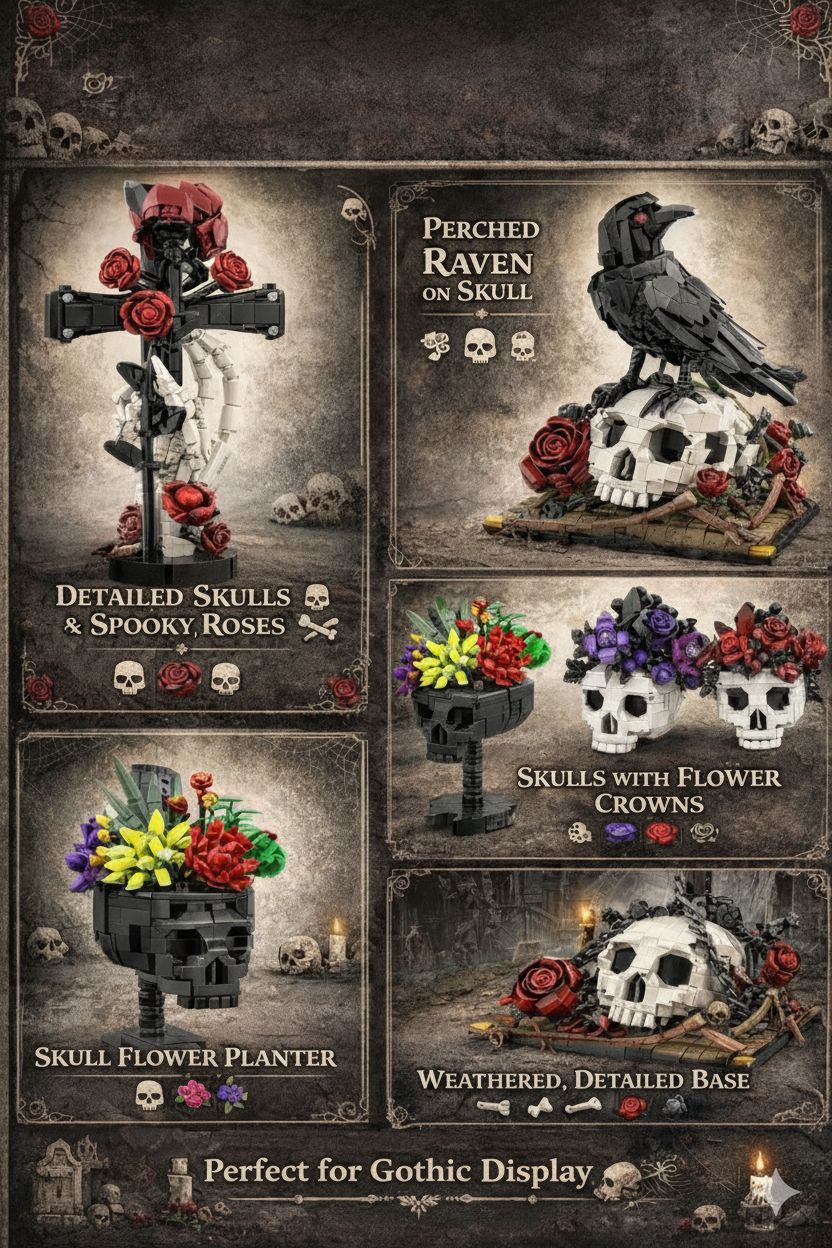 Conjunto de Blocos de Montar Crânio Gótico com Flores MOC, Decoração de Mesa Floral para Halloween, Modelo DIY, Presente Criativo para Adultos e Crianças