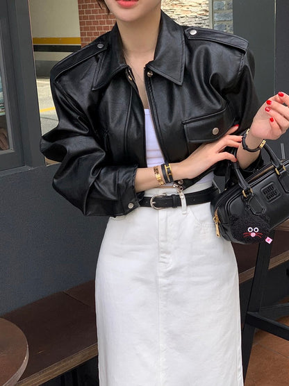 Women's Loose ort PU Leather Jaet Double ket Retro Collar Zipper Versatile Motorcycle Sle Top Trendy Commute Wind