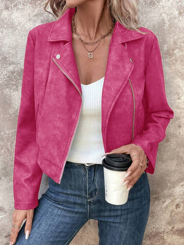 New Autumn Rose Red Women's Short Jacket, Zipper Closure, Lapel Collar, Fashionable Casual Coat.
