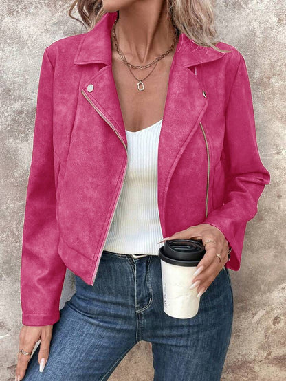 New Autumn Rose Red Women's Short Jacket, Zipper Closure, Lapel Collar, Fashionable Casual Coat.