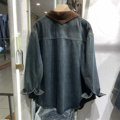 Women's Denim Blouse 2025 Autumn Winter Mid Length Version Add Velvet Ladies Tops Long Sleeve Versatile Lady Cowboy Shirt
