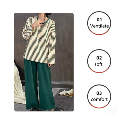 Women's Fall Pajamas with Chest Pads Striped Long Sleeve Plus Size O-Neck Simple Casual Fashion Korean School Pajamas Homewear