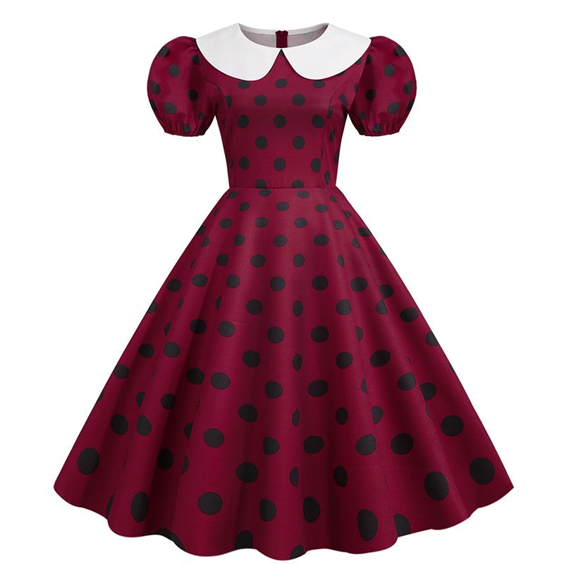 Elegant Women Summer Dress Puff Short Sleeve Polka Dot Peter pan Collar Vintage A-line Midi Long Party Sundress