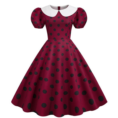 Elegant Women Summer Dress Puff Short Sleeve Polka Dot Peter pan Collar Vintage A-line Midi Long Party Sundress