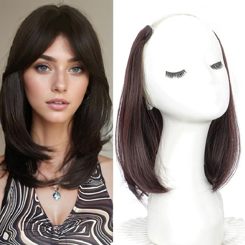 Extensão de cabelo 20/30cm, sintética, curta e reta, com fivela interna em V, meia cabeça, 4 grampos, aplique invisível para mulheres